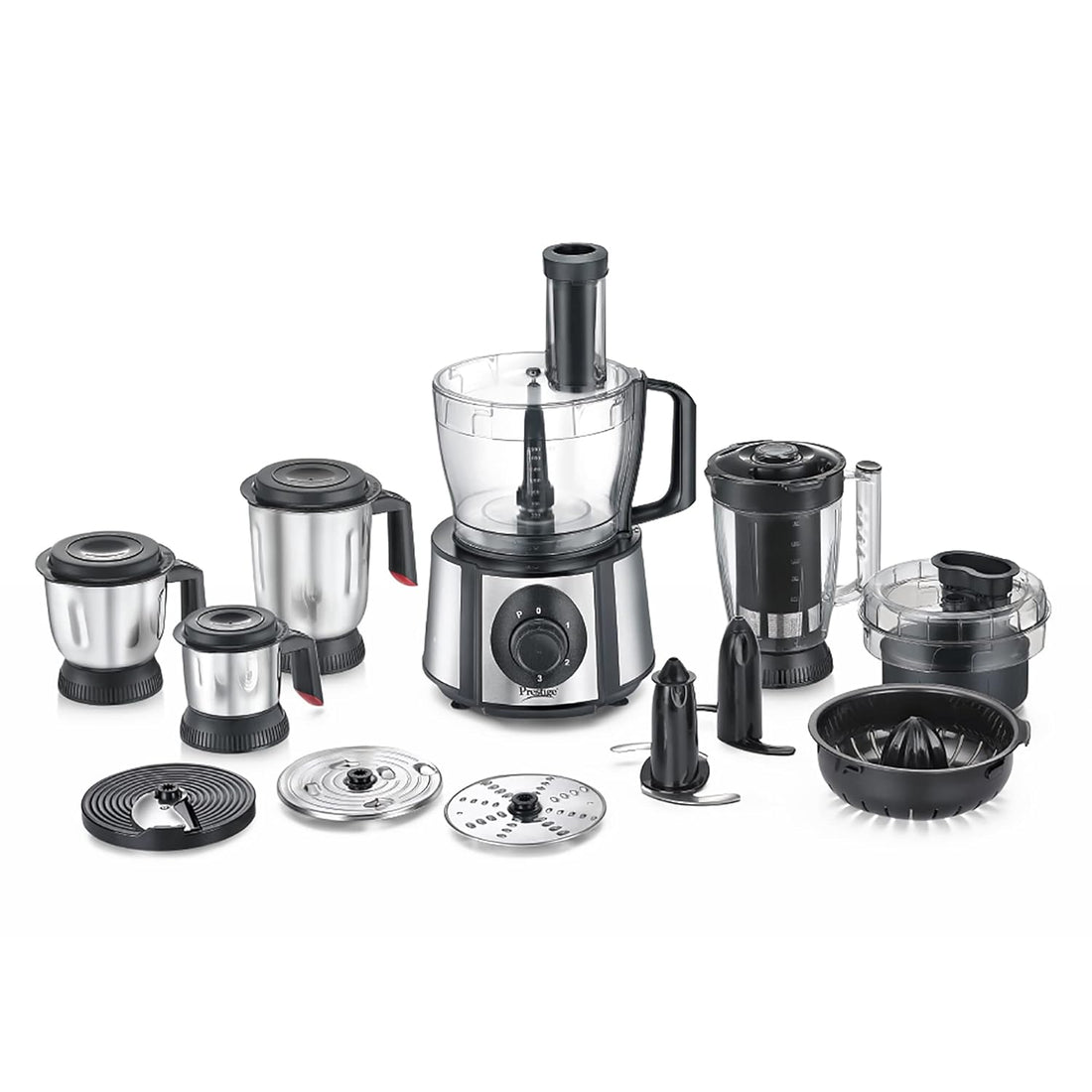 Prestige 1000 W Amica Super Mixer Grinder|5 Jars with Multiple Accessories(Slicer,Shredder,Finger Chip Disc,Chopper,Kneader)|2 years warranty on product & 5 years warranty on motor| (Black and Silver)