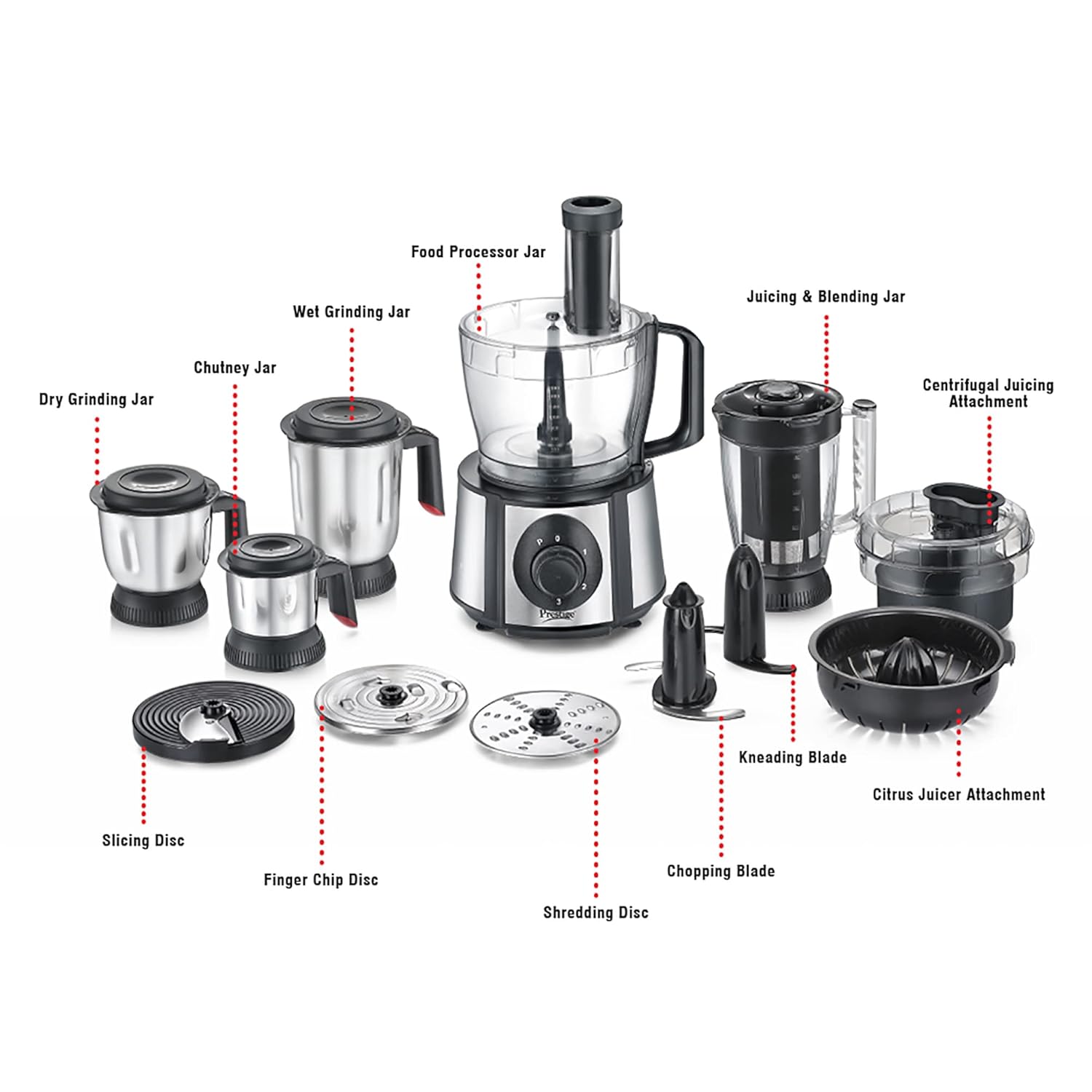 Prestige 1000 W Amica Super Mixer Grinder|5 Jars with Multiple Accessories(Slicer,Shredder,Finger Chip Disc,Chopper,Kneader)|2 years warranty on product & 5 years warranty on motor| (Black and Silver)