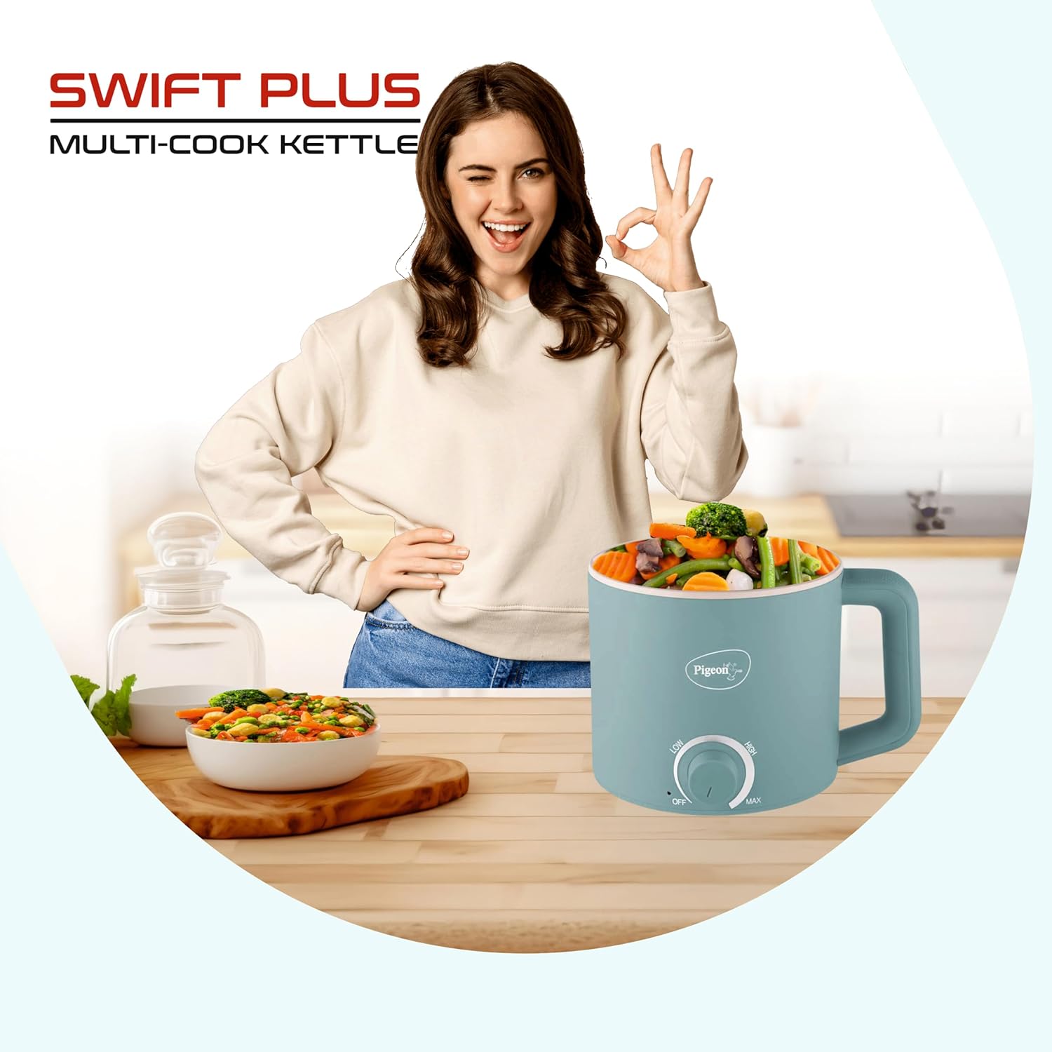 Pigeon by Stovekraft Swift Plus Multi-Cook Kettle 1.5L, with Steamer, Egg Rack - Blue | Double Layered | Food Grade Stainless Steel Inner wall | Glass Lid | Auto Shut-off