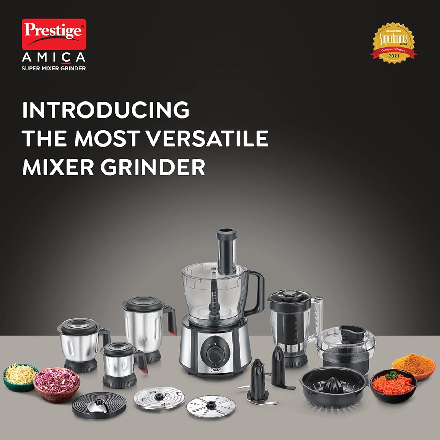 Prestige 1000 W Amica Super Mixer Grinder|5 Jars with Multiple Accessories(Slicer,Shredder,Finger Chip Disc,Chopper,Kneader)|2 years warranty on product & 5 years warranty on motor| (Black and Silver)