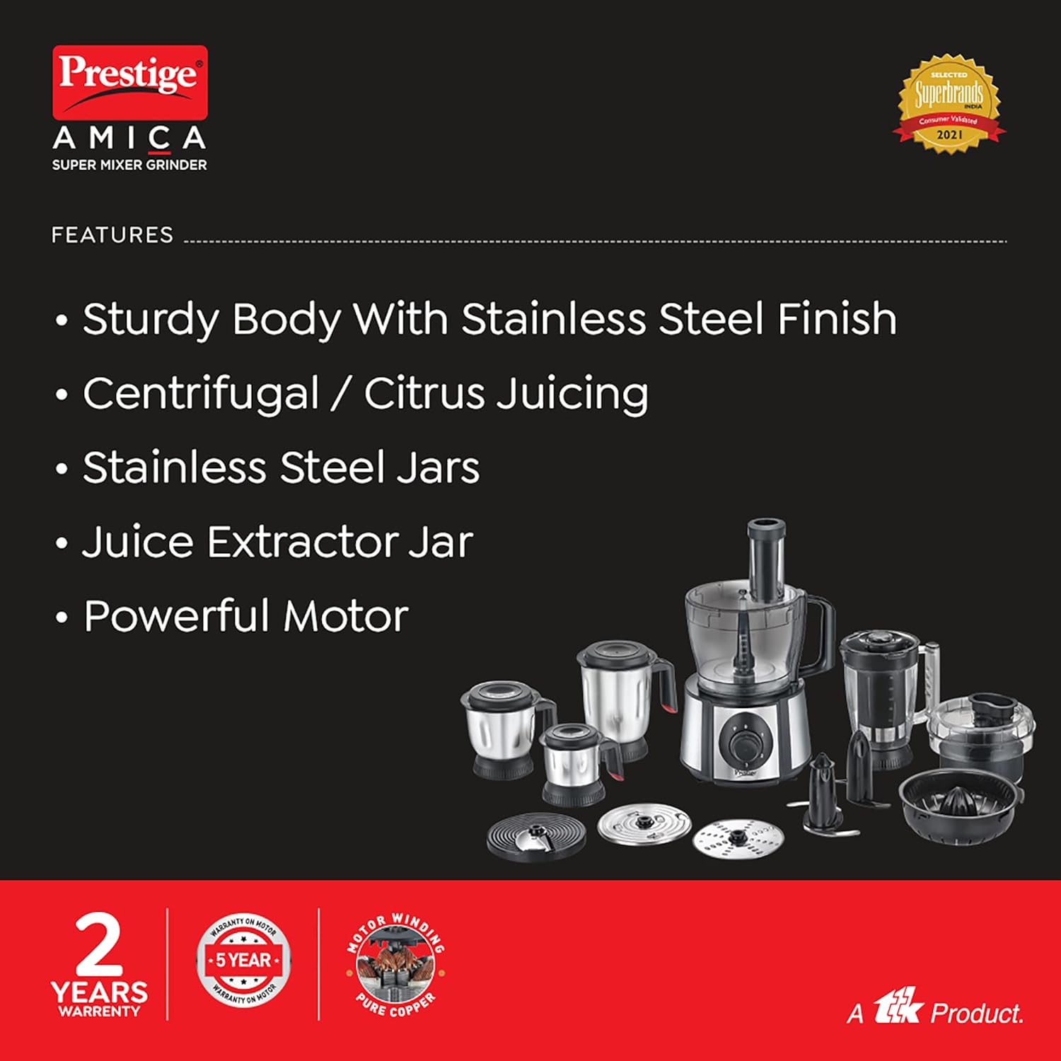 Prestige 1000 W Amica Super Mixer Grinder|5 Jars with Multiple Accessories(Slicer,Shredder,Finger Chip Disc,Chopper,Kneader)|2 years warranty on product & 5 years warranty on motor| (Black and Silver)