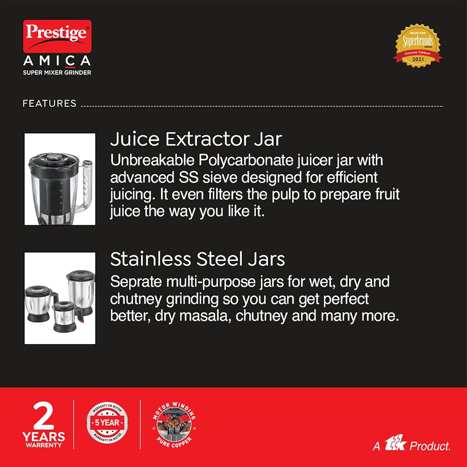 Prestige 1000 W Amica Super Mixer Grinder|5 Jars with Multiple Accessories(Slicer,Shredder,Finger Chip Disc,Chopper,Kneader)|2 years warranty on product & 5 years warranty on motor| (Black and Silver)