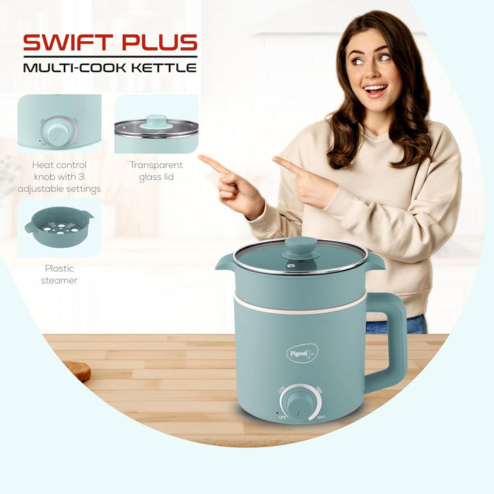 Pigeon by Stovekraft Swift Plus Multi-Cook Kettle 1.5L, with Steamer, Egg Rack - Blue | Double Layered | Food Grade Stainless Steel Inner wall | Glass Lid | Auto Shut-off