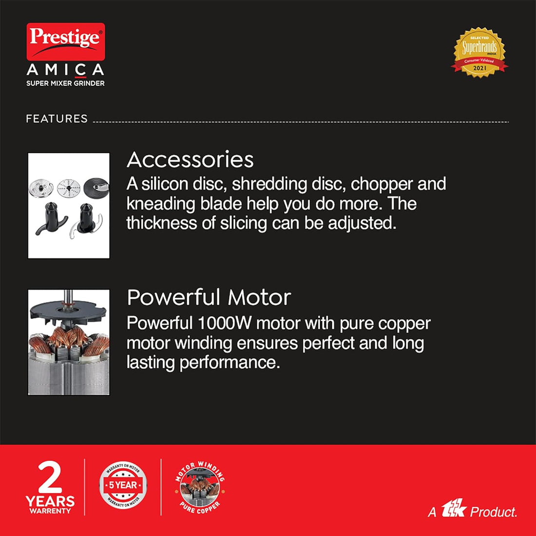 Prestige 1000 W Amica Super Mixer Grinder|5 Jars with Multiple Accessories(Slicer,Shredder,Finger Chip Disc,Chopper,Kneader)|2 years warranty on product & 5 years warranty on motor| (Black and Silver)